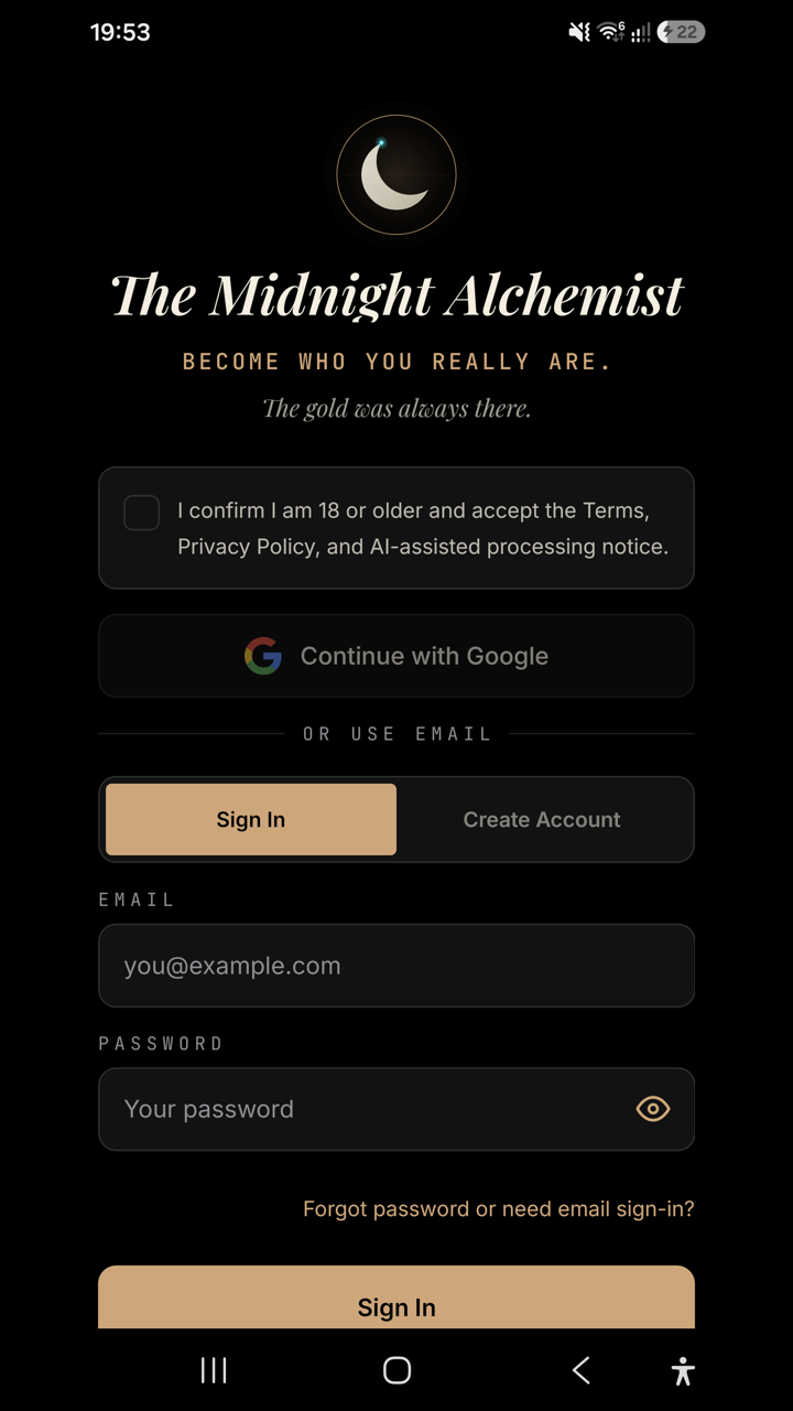 The Midnight Alchemist sign-in screen