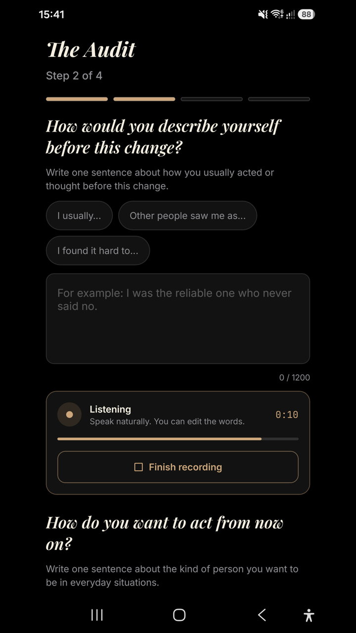 The Audit: setup asking how you would describe yourself before the change