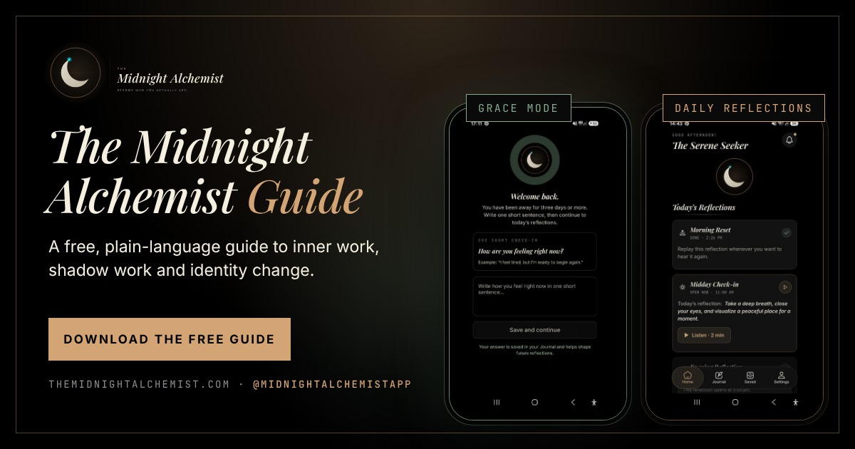 The Midnight Alchemist Guide, a free guide to inner work, shown with two real screens from the Midnight Alchemist App: Grace Mode and daily reflections.